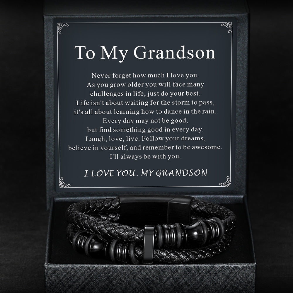 Gift box with leather bracelet and pen set, featuring a message to My Grandson