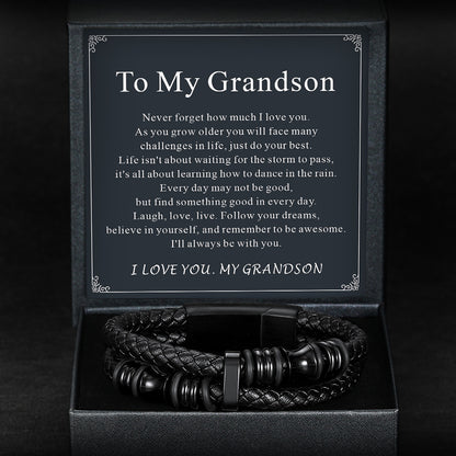 Gift box with leather bracelet and pen set, featuring a message to My Grandson