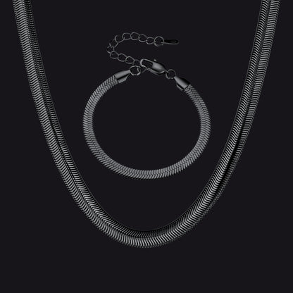 Matte Black Snake Chain Link Necklace and Bracelet Set – 8mm/5mm