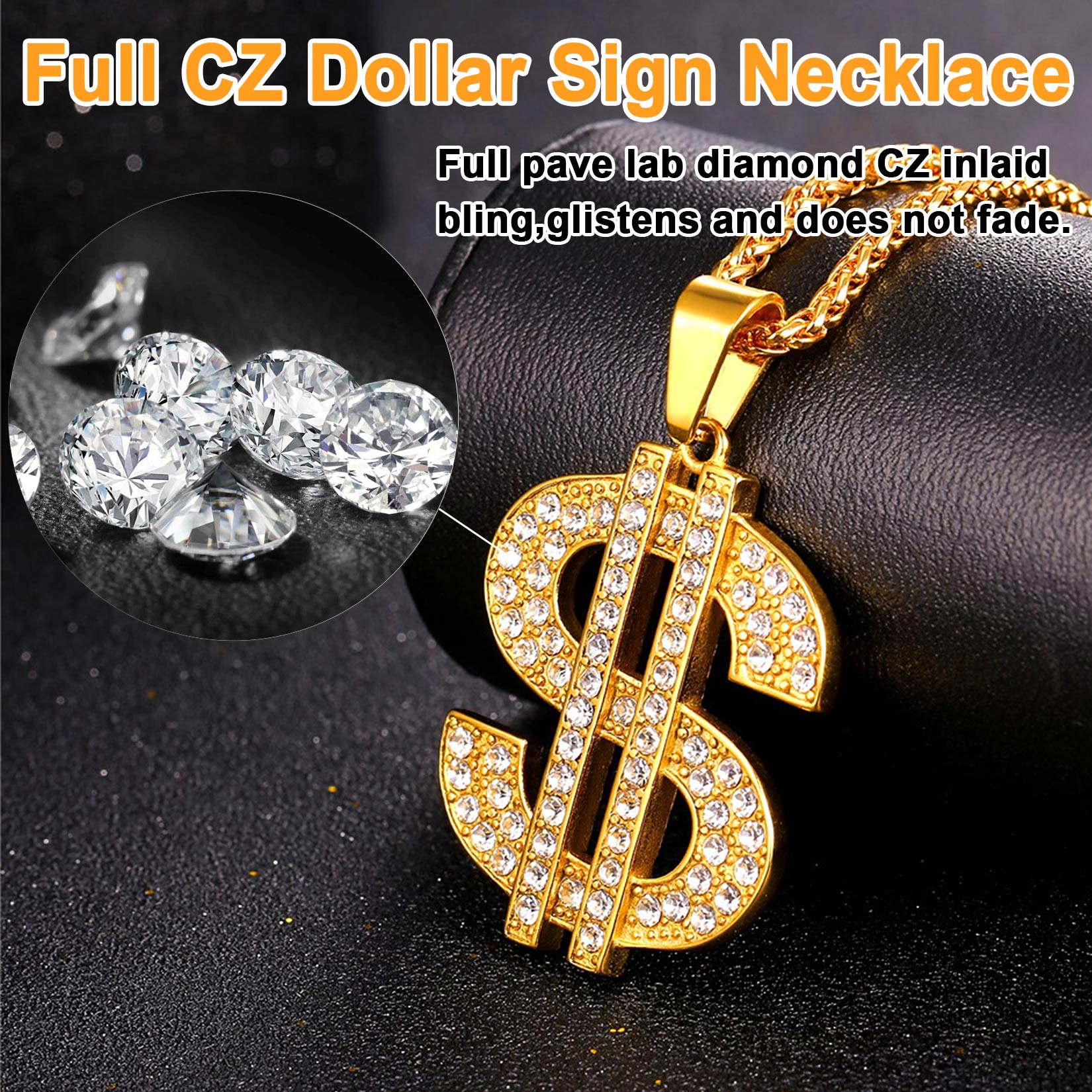 Hip Hop Full Cubic Zirconia Dollar Sign Necklace