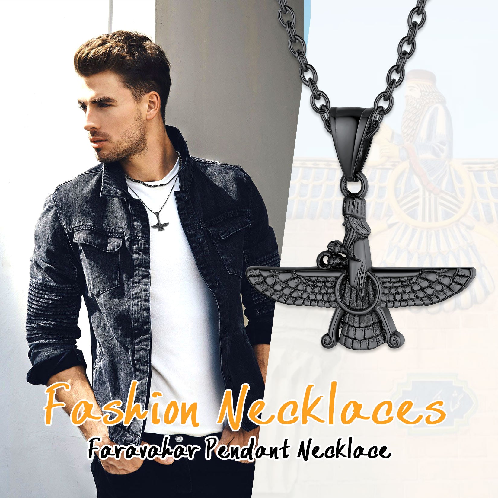 Stainless Steel Faravahar Pendant Necklace For Men