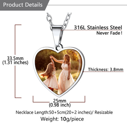 Heart-shaped pendant with a photo of two people holding hands, labeled with product details.