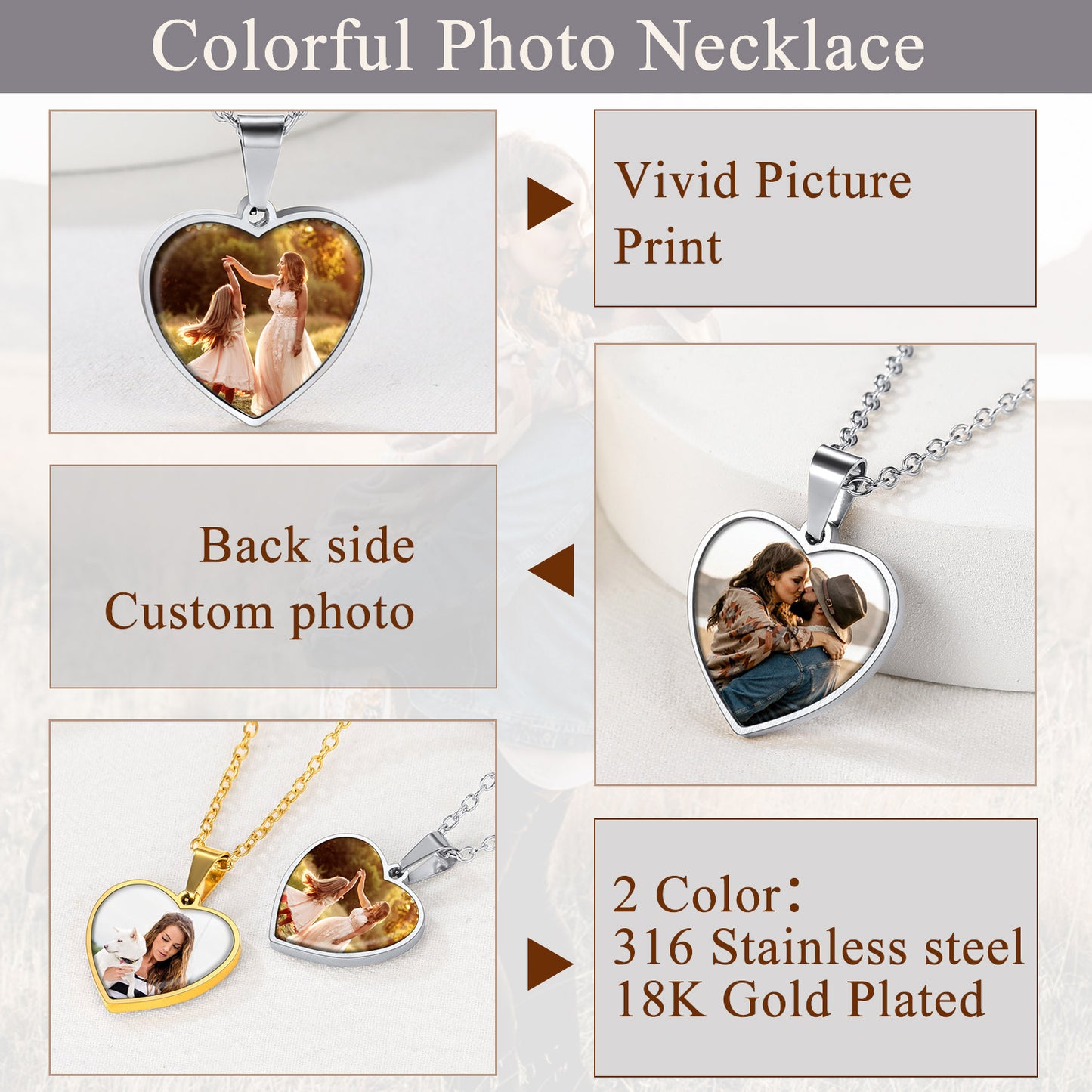 Heart-shaped photo necklace with customizable options on a light gray background
