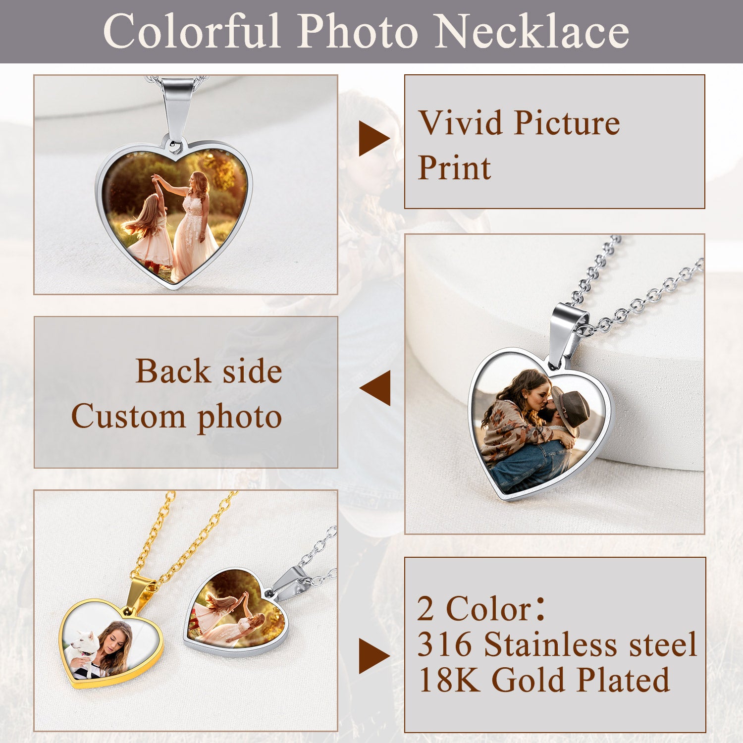 Heart-shaped photo necklace with customizable options on a light gray background