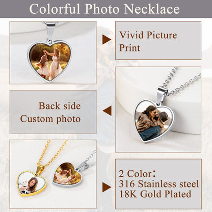 Heart-shaped photo necklace with customizable options on a light gray background