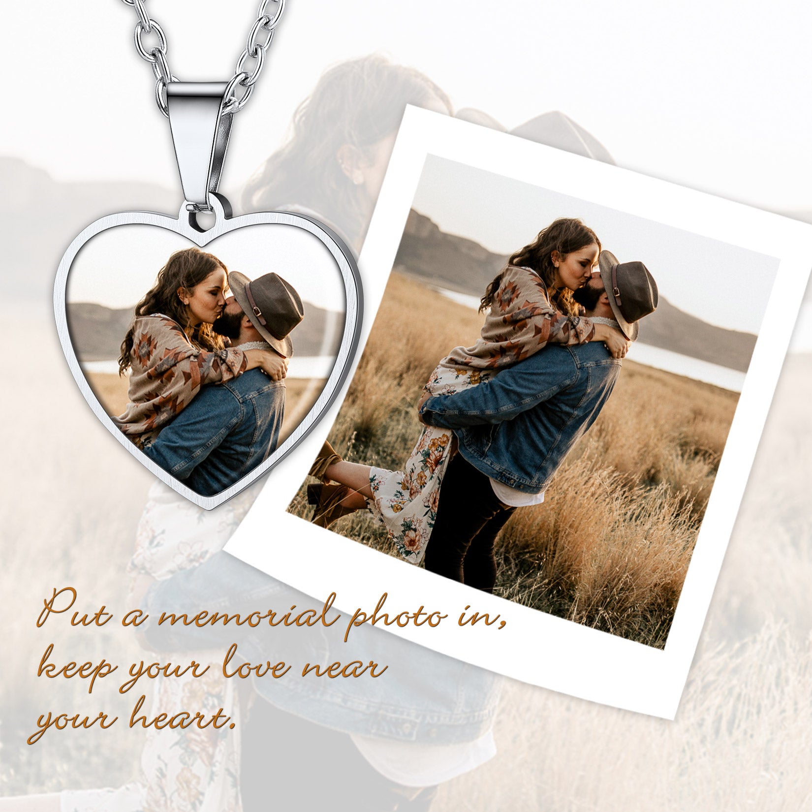 Heart-shaped photo pendant with a couple in a field, surrounded by polaroid-style images.