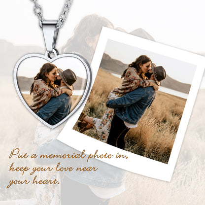 Heart-shaped photo pendant with a couple in a field, surrounded by polaroid-style images.