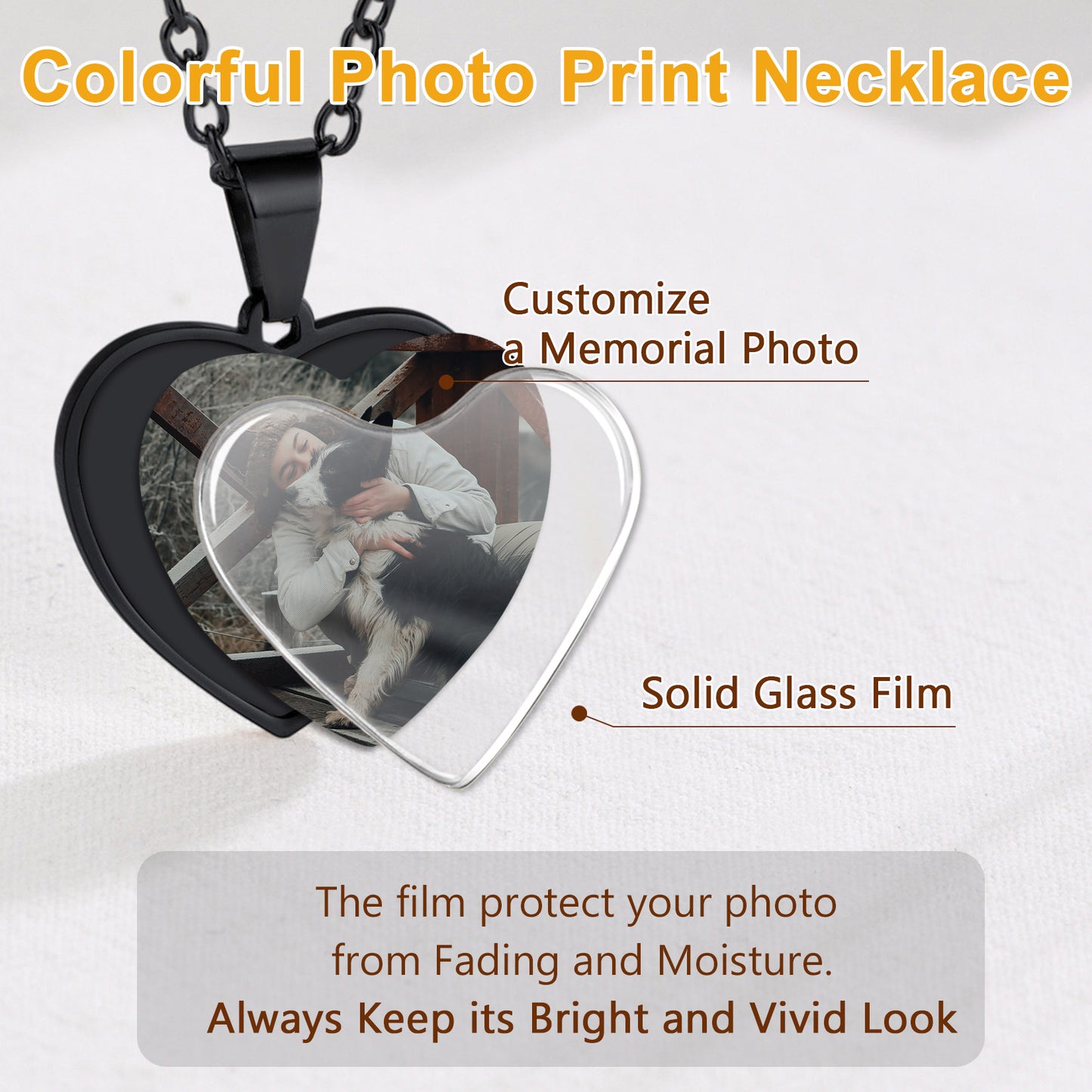 Heart-shaped photo print necklace with a solid glass film to protect the photo from fading and moisture.