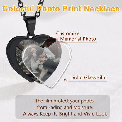 Heart-shaped photo print necklace with a solid glass film to protect the photo from fading and moisture.