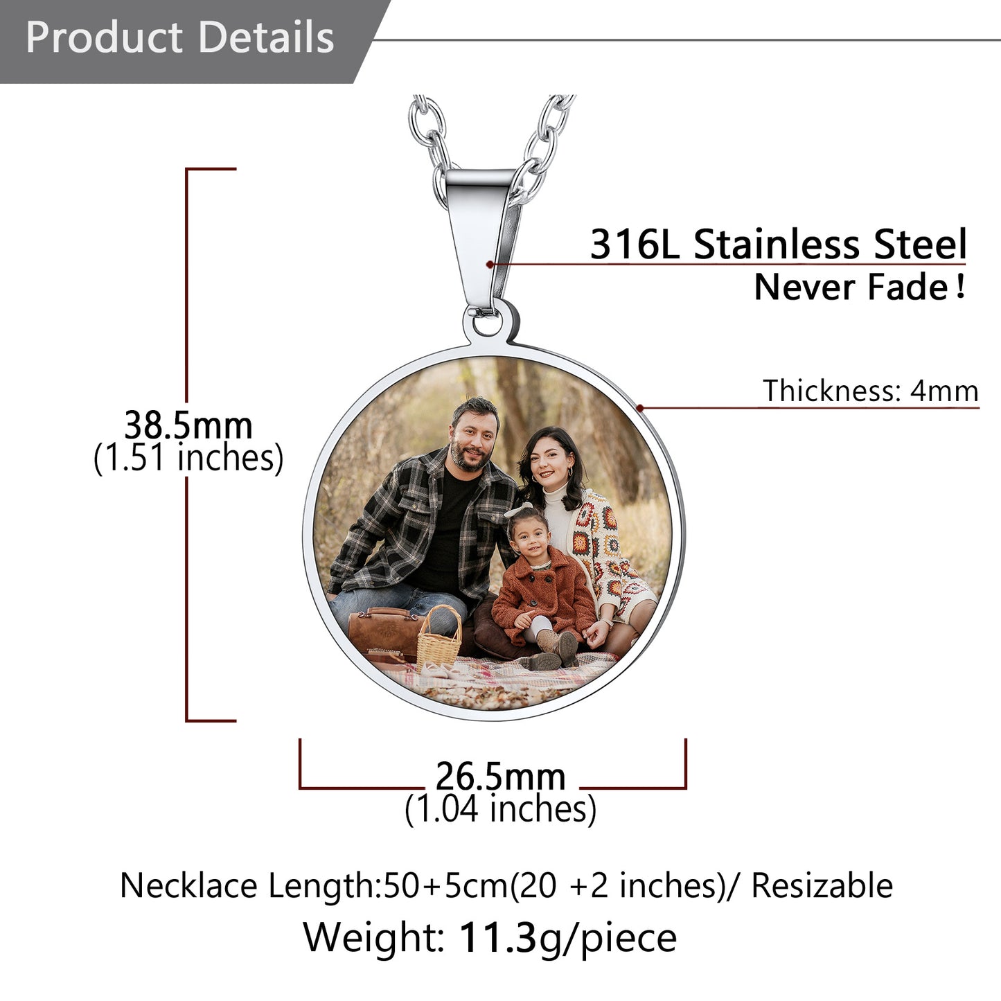 Stainless steel necklace with a photo pendant, showing measurements and product details.