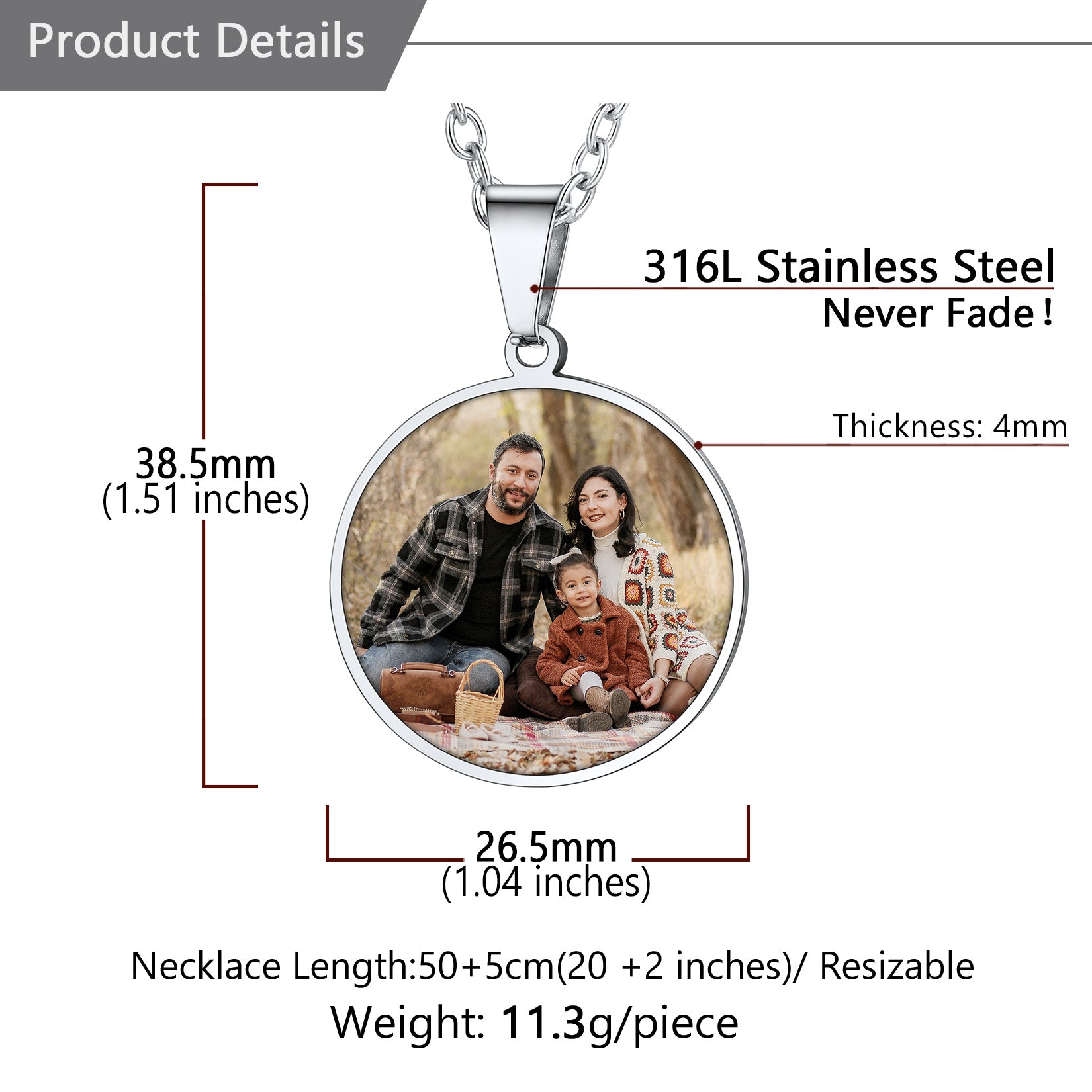 Stainless steel necklace with a photo pendant, showing measurements and product details.