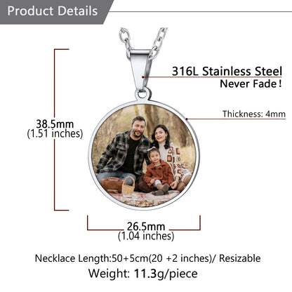 Stainless steel necklace with a photo pendant, showing measurements and product details.