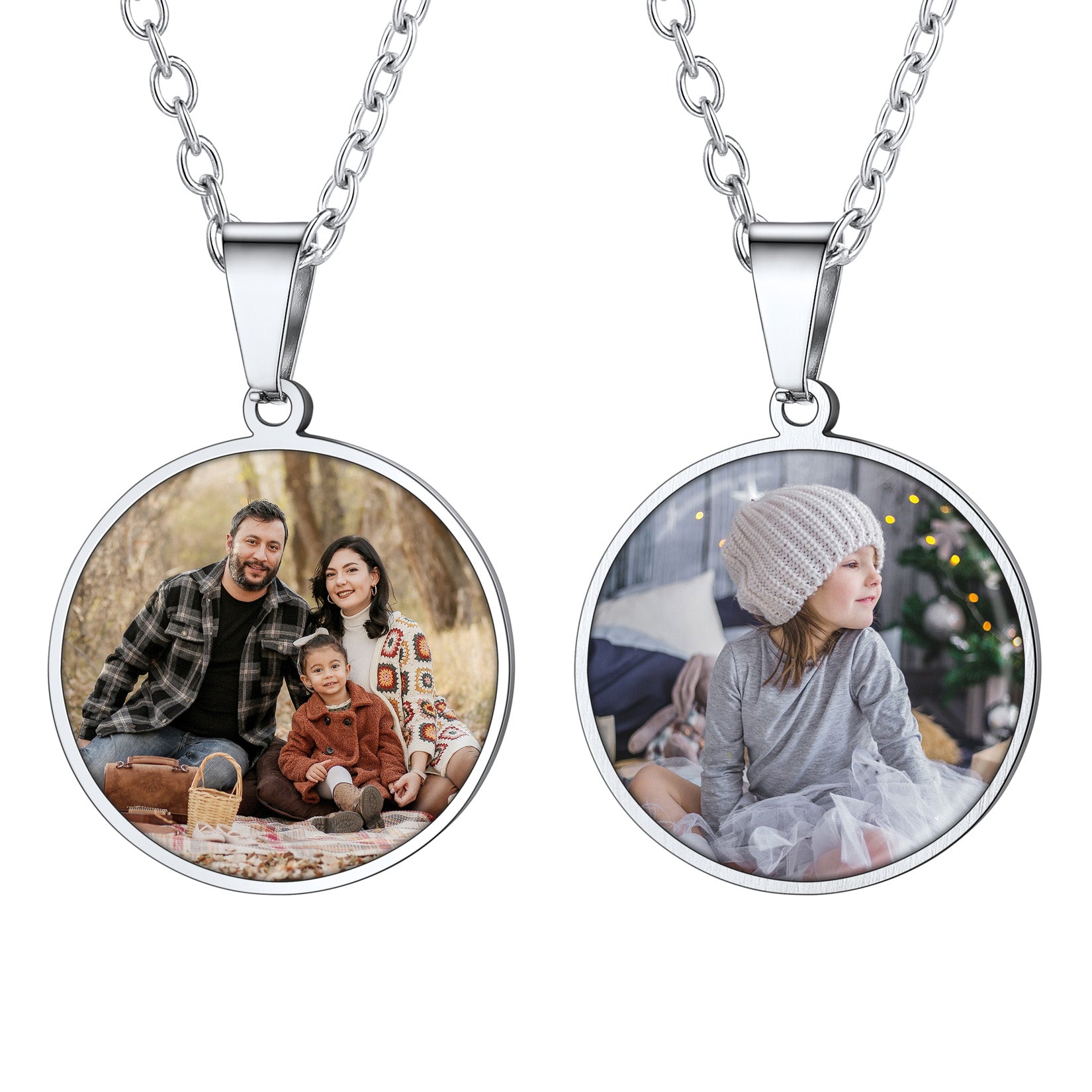 Custom Round Double Sided Picture Necklace Silver