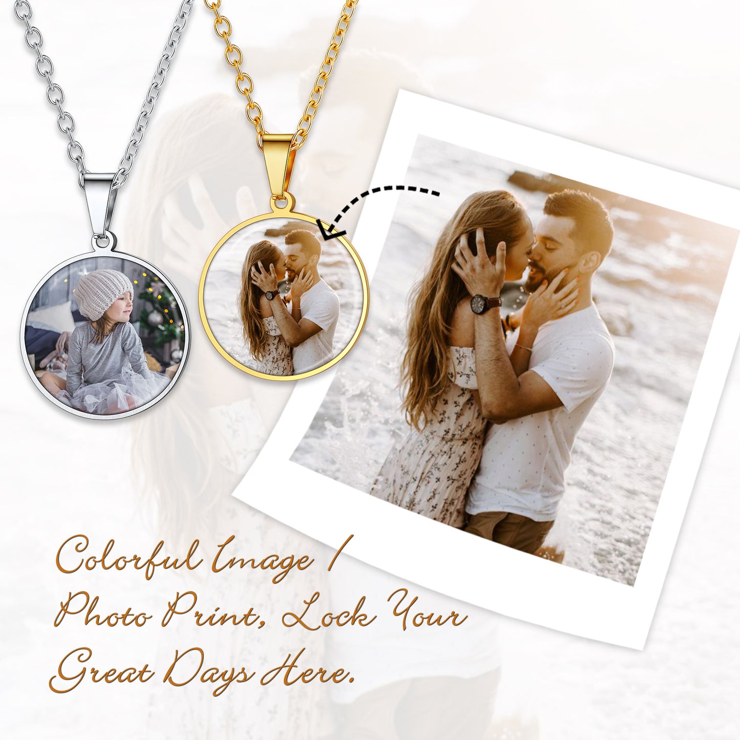Two necklaces with round pendants featuring photos of a couple, with a photo print of the couple embracing on a white background.