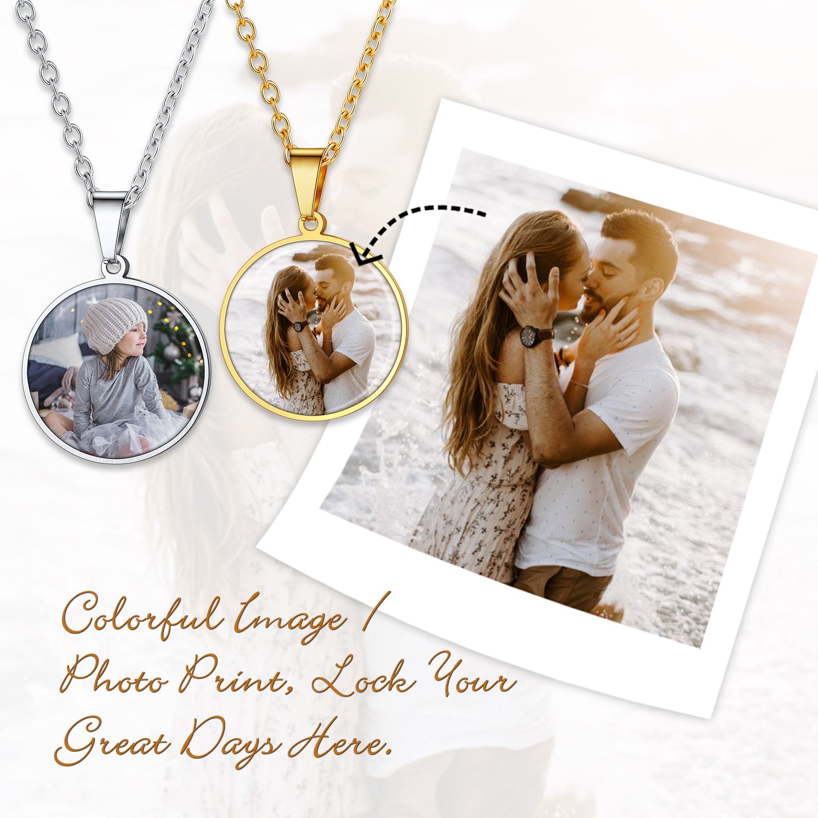 Two necklaces with round pendants featuring photos of a couple, with a photo print of the couple embracing on a white background.
