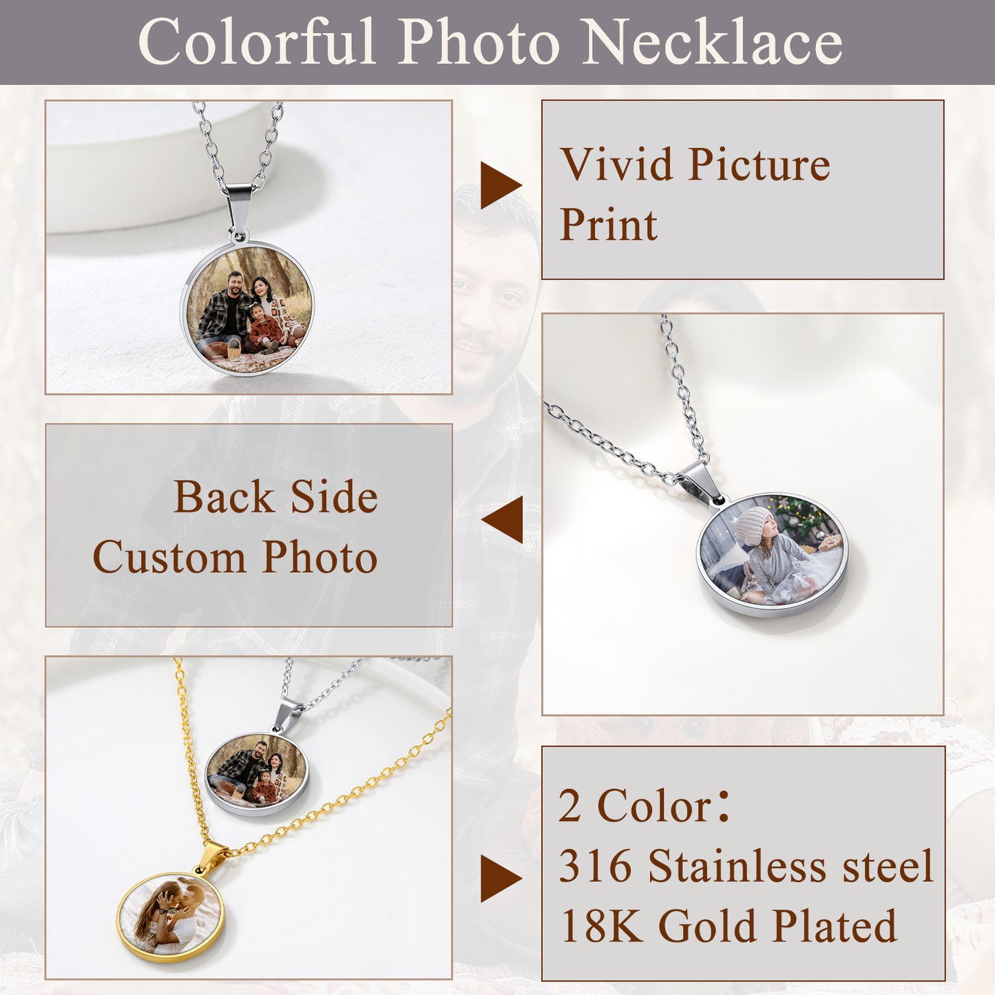 Colorful photo necklace with customizable features on a light background