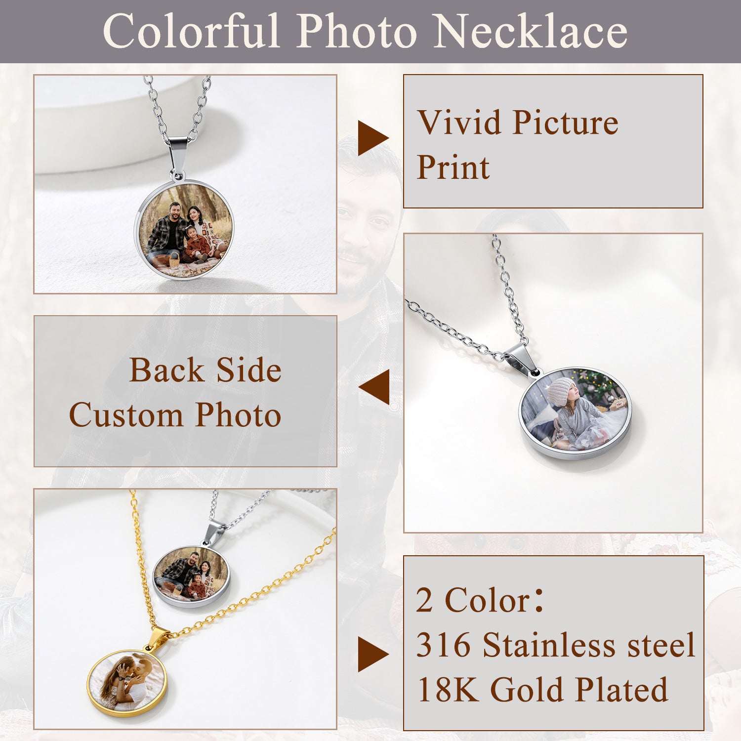 Colorful photo necklace with customizable features on a light background