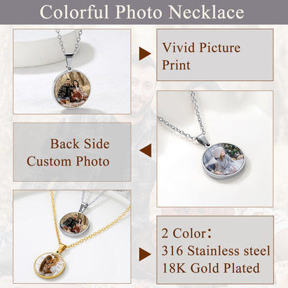 Colorful photo necklace with customizable features on a light background