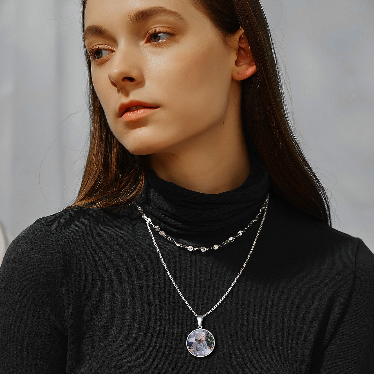 Woman Wearing Custom Photo Necklace Smiling