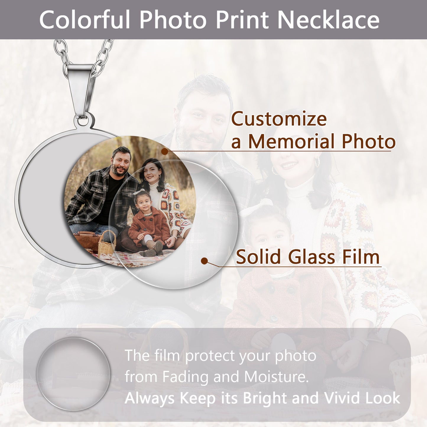 Colorful photo print necklace with a circular pendant featuring a family photo, on a light background.