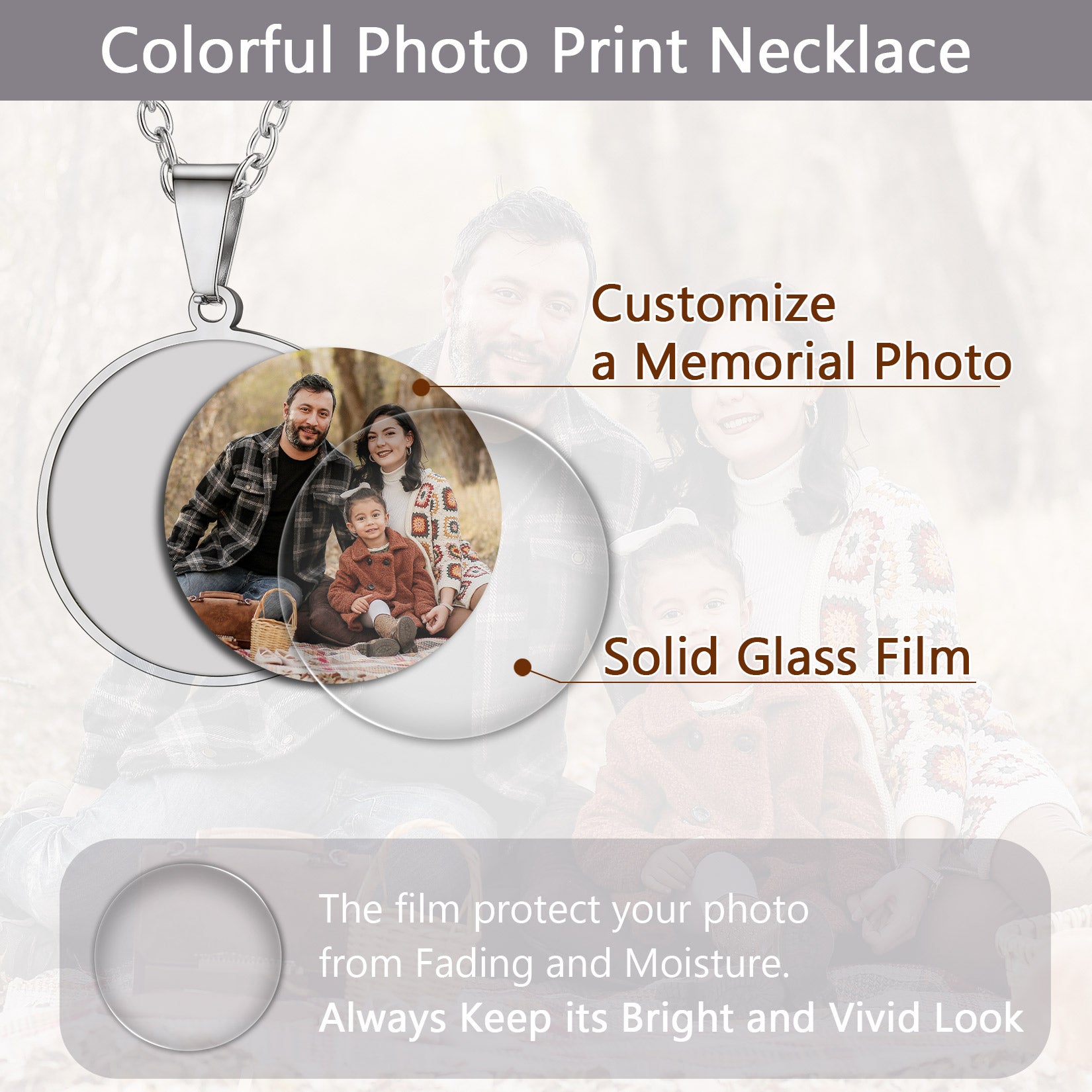 Colorful photo print necklace with a circular pendant featuring a family photo, on a light background.