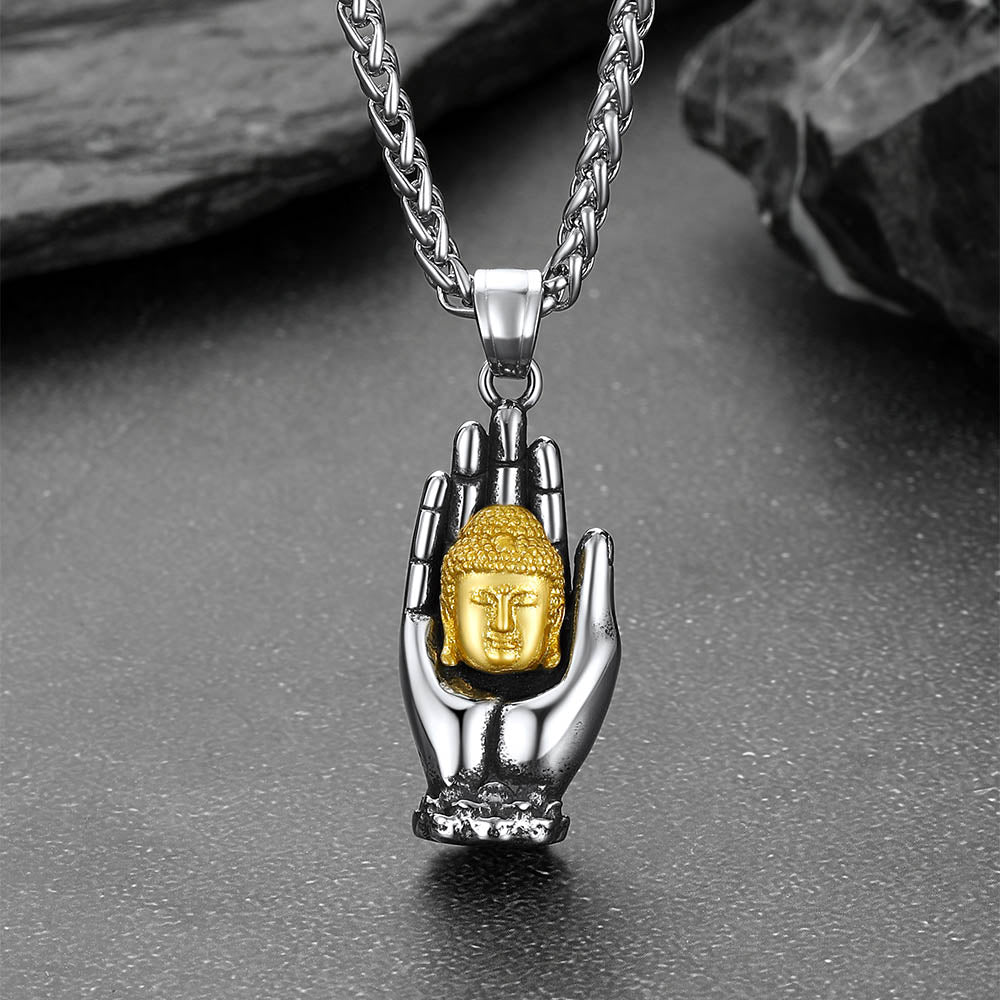 Buddha Necklace Gotama Siddhattha Head & Praying Hand Pendant