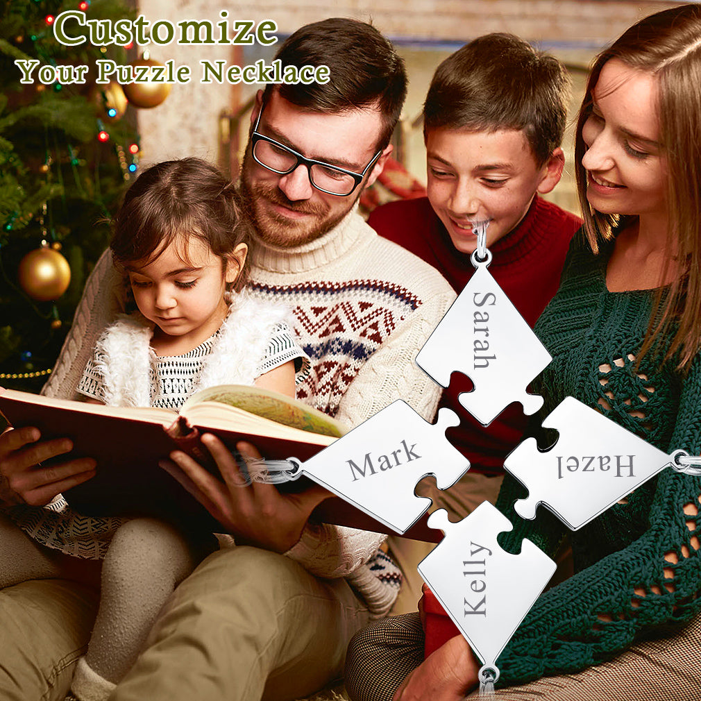 Family reading together with a personalized puzzle necklace in the foreground