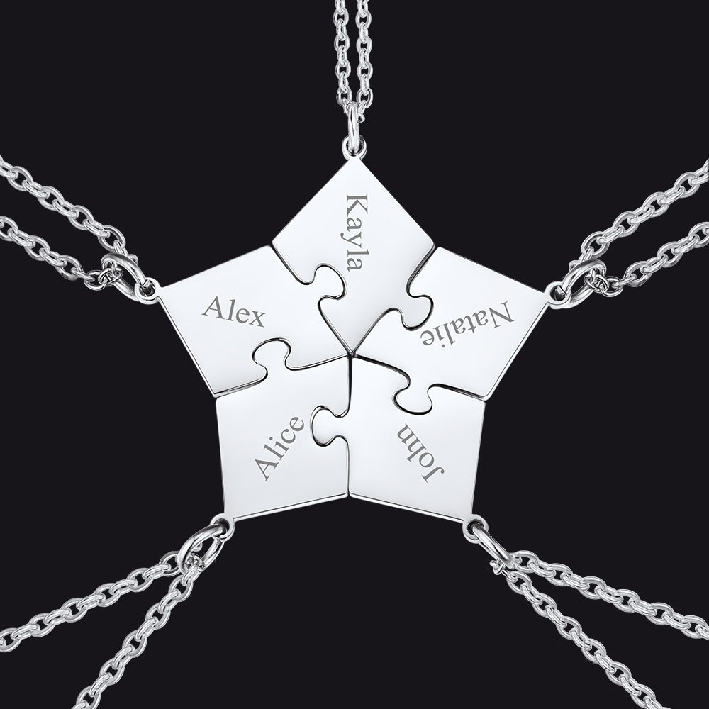 Steel custom puzzle piece necklace set 5 pieces