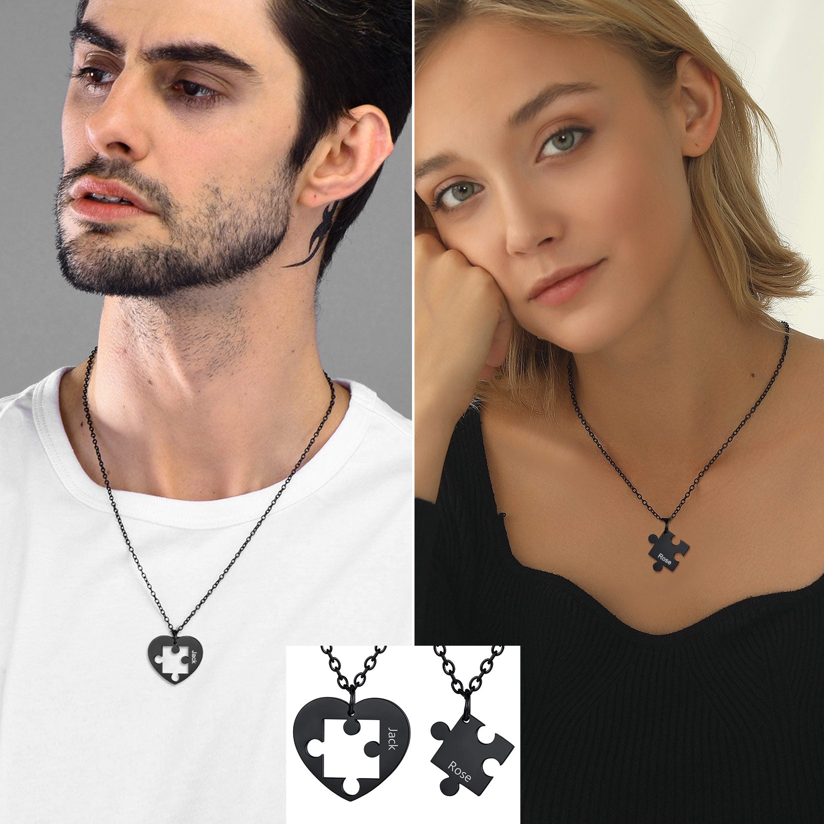 Two people wearing black necklaces with puzzle piece designs, one heart-shaped and one square, on a plain background.