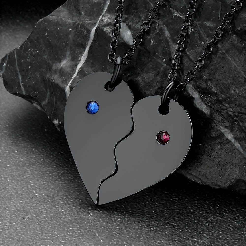 Custom Heart Matching Necklaces with Birthstone for Couples Friends Girlfriend 2 Pcs