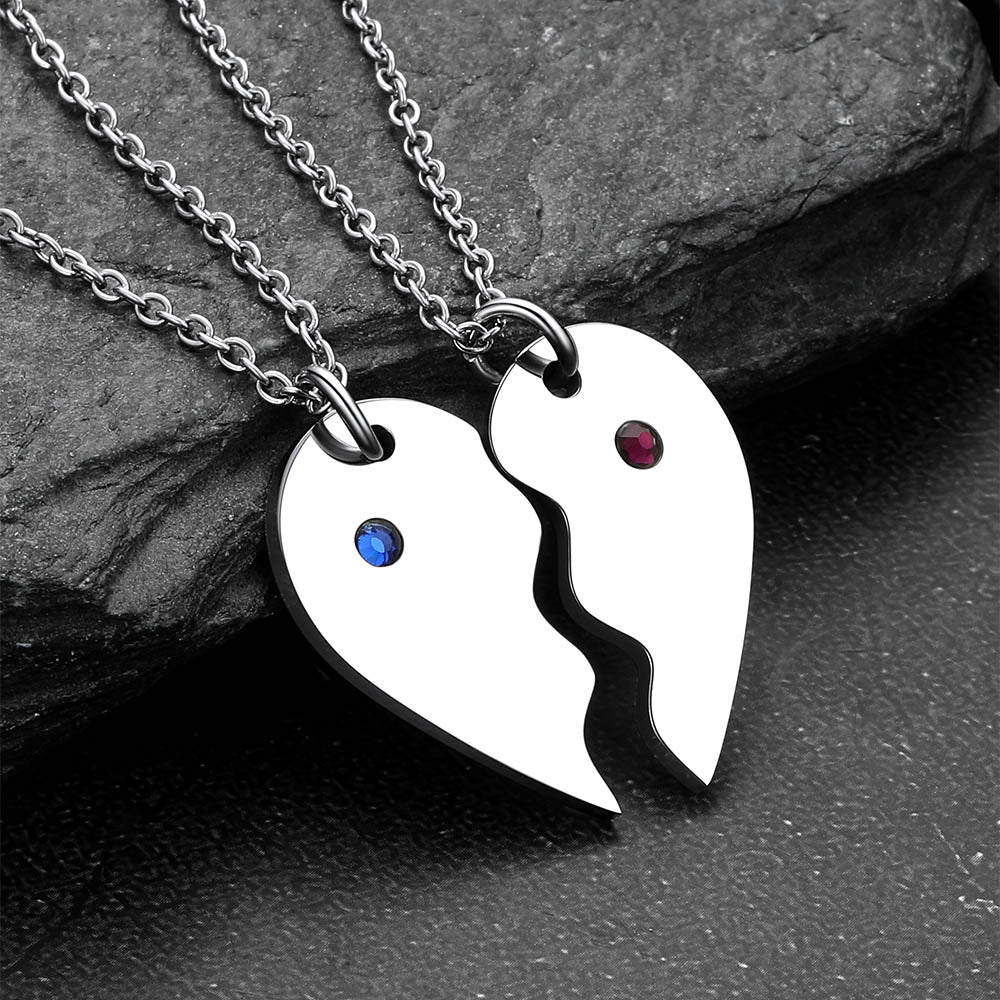 Custom Heart Matching Necklaces with Birthstone for Couples Friends Girlfriend 2 Pcs