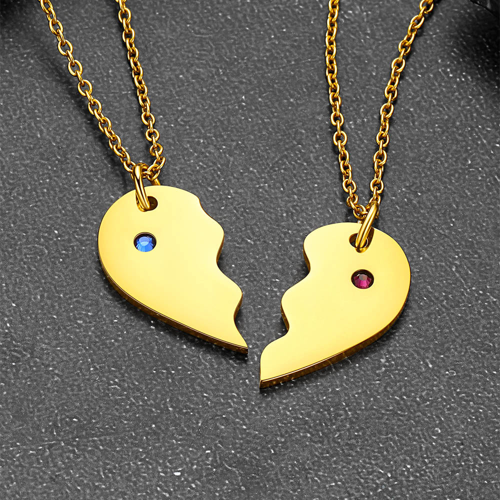 Custom Heart Matching Necklaces with Birthstone for Couples Friends Girlfriend 2 Pcs