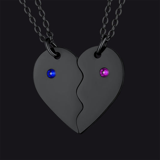 Custom Heart Matching Necklaces with Birthstone for Couples Friends Girlfriend 2 Pcs