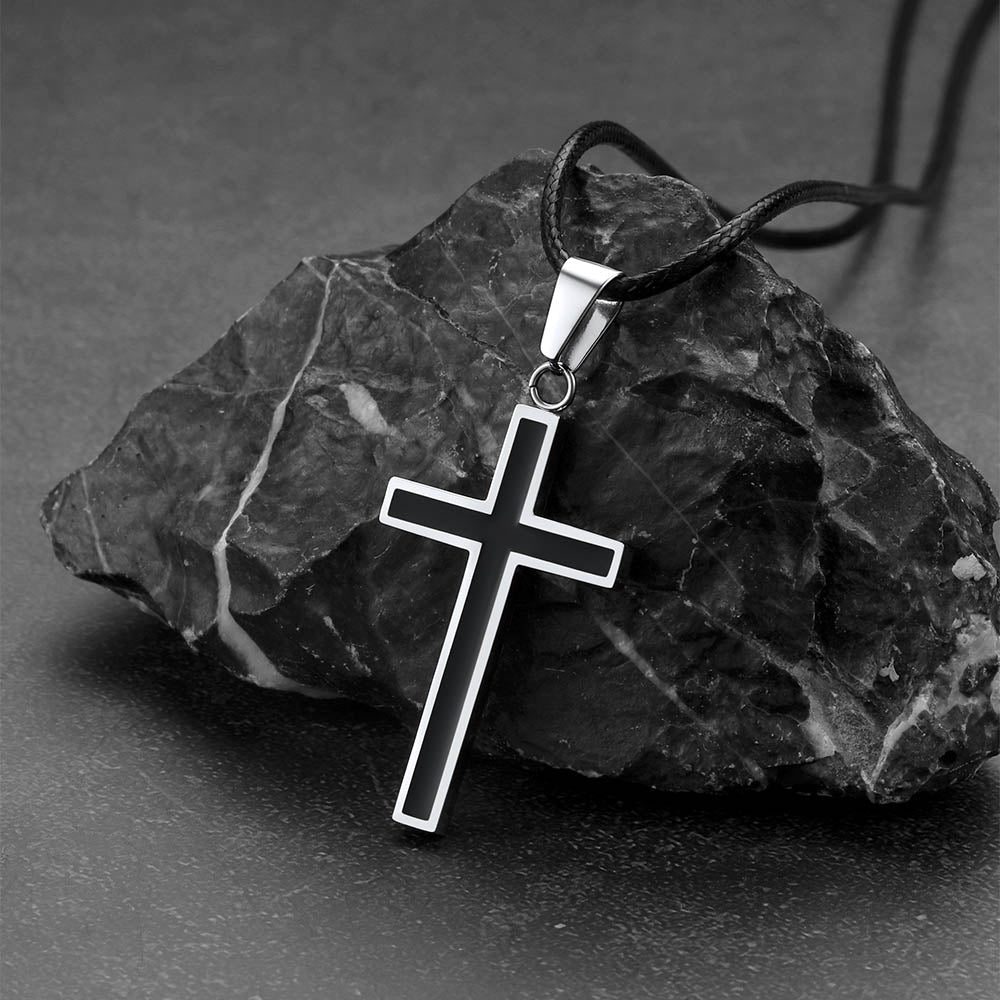 Christian Black Enamel Cross Braided Leather Cord Necklace for Men