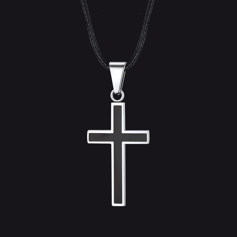 Steel Christian Black Enamel Cross Necklace with Braided Leather Chain for Men