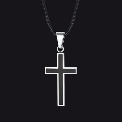 Steel Christian Black Enamel Cross Necklace with Braided Leather Chain for Men