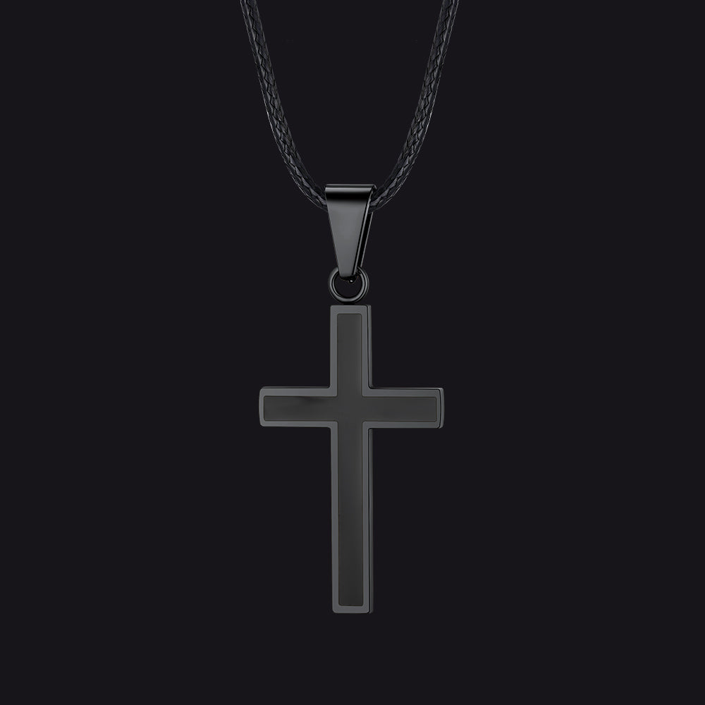Black Christian Black Enamel Cross Necklace with Braided Leather Chain for Men