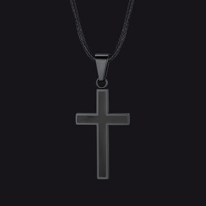 Black Christian Black Enamel Cross Necklace with Braided Leather Chain for Men