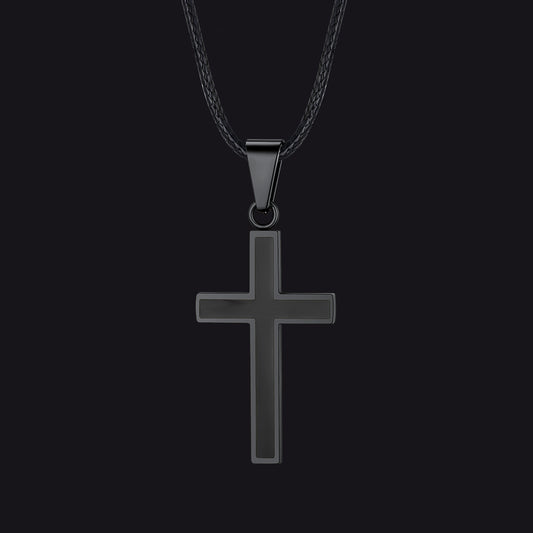 Black Christian Black Enamel Cross Necklace with Braided Leather Chain for Menimg
