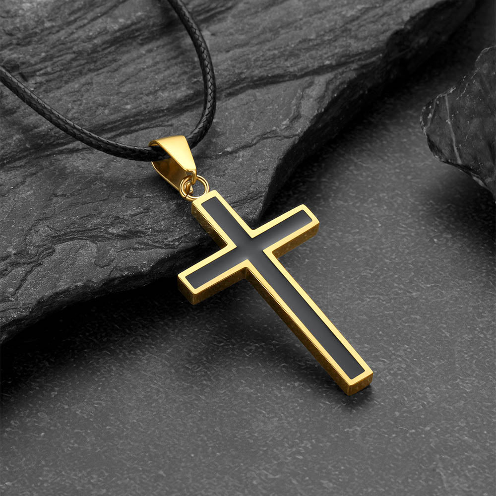 Christian Black Enamel Cross Braided Leather Cord Necklace for Men