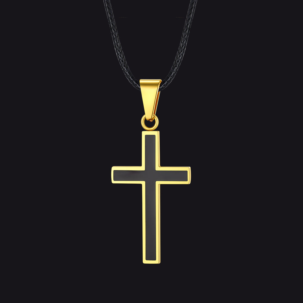 Gold Christian Black Enamel Cross Necklace with Braided Leather Chain for Men