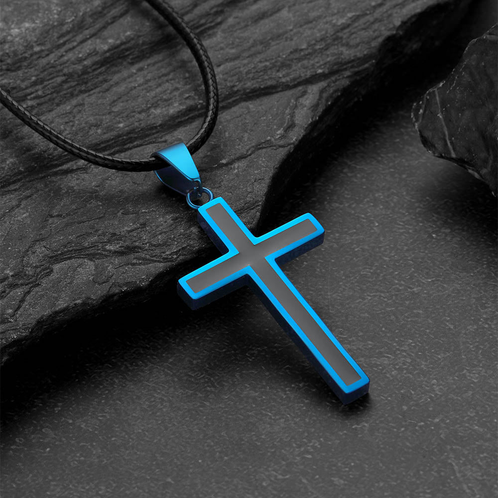 Christian Black Enamel Cross Braided Leather Cord Necklace for Men