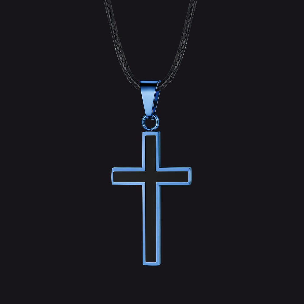 Blue Christian Black Enamel Cross Necklace with Braided Leather Chain for Men