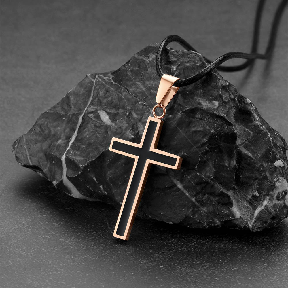  Christian Black Enamel Cross Necklace with Braided Leather Chain for Men