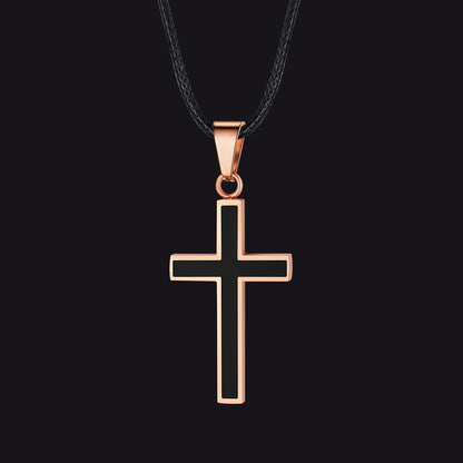 Rose Gold Christian Black Enamel Cross Necklace with Braided Leather Chain for Men