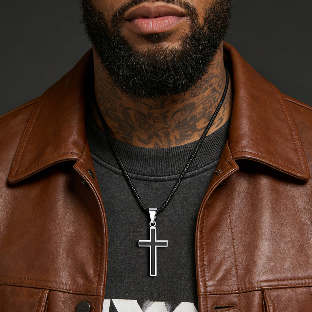  Christian Black Enamel Cross Necklace with Braided Leather Chain for Men