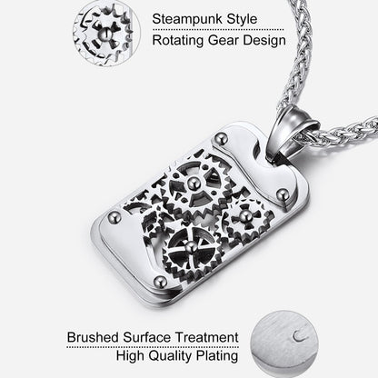 Mechanical Gear Dog Tag Pendant Necklace for Men