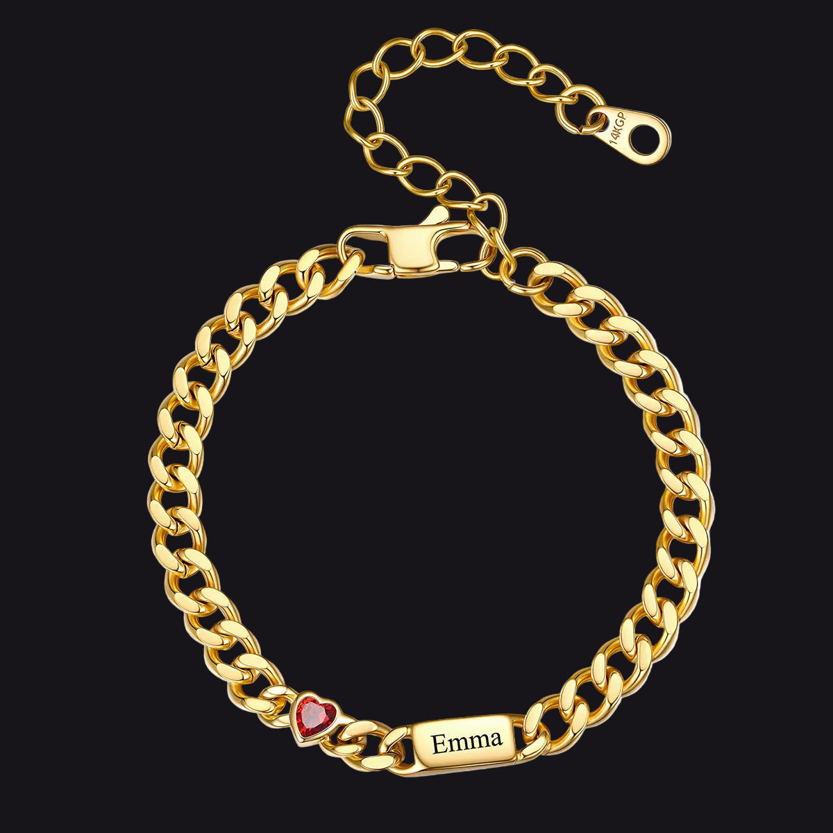 Gold Custom 1 Name Cuban Chain Bracelet with Haert Birthstone