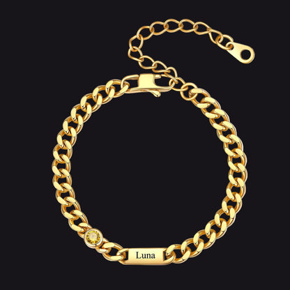 Gold Custom 1 Name Cuban Chain Bracelet with Round Birthstone on a white background