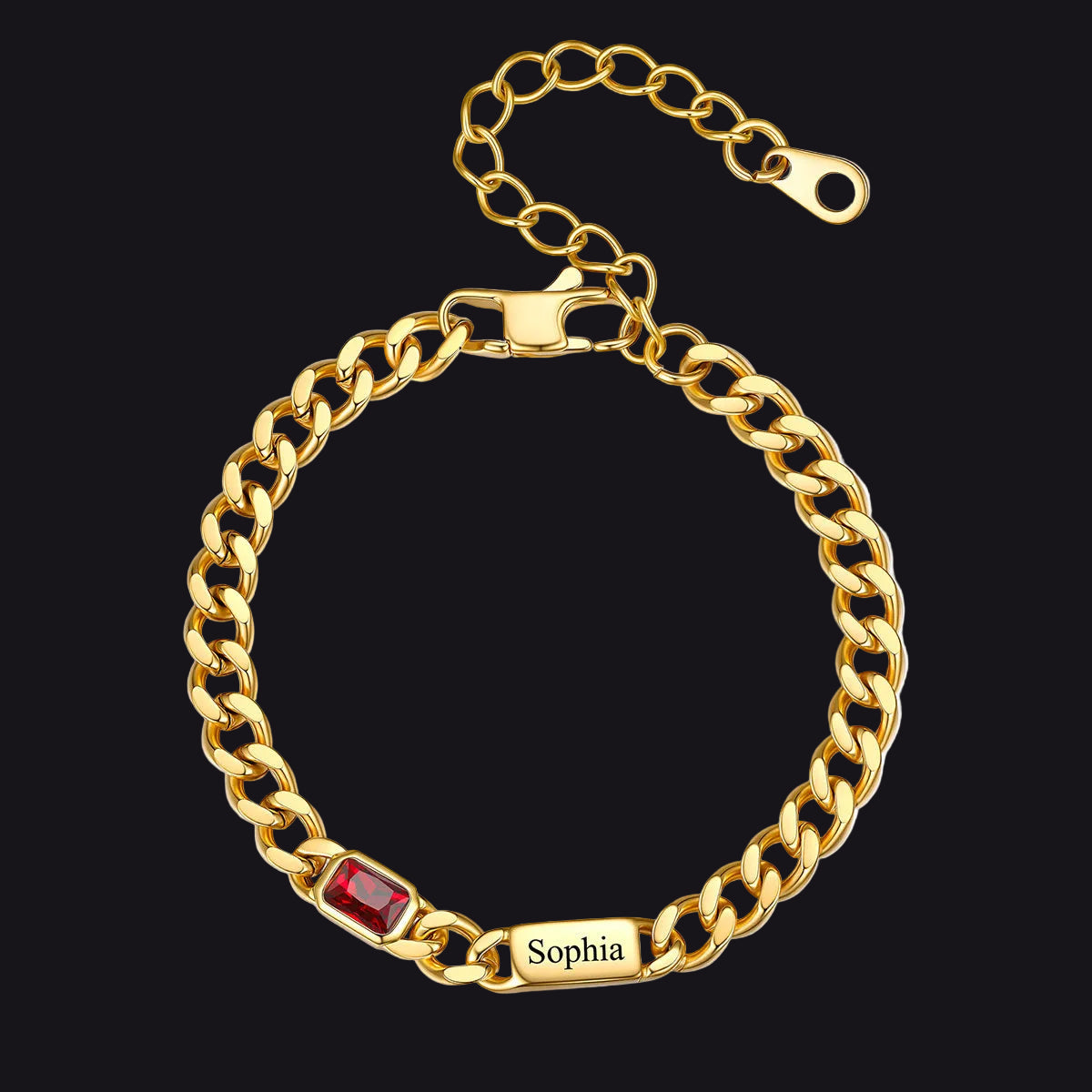 Gold Custom 1 Name Cuban Chain Bracelet with rectangle Birthstone on a white background
